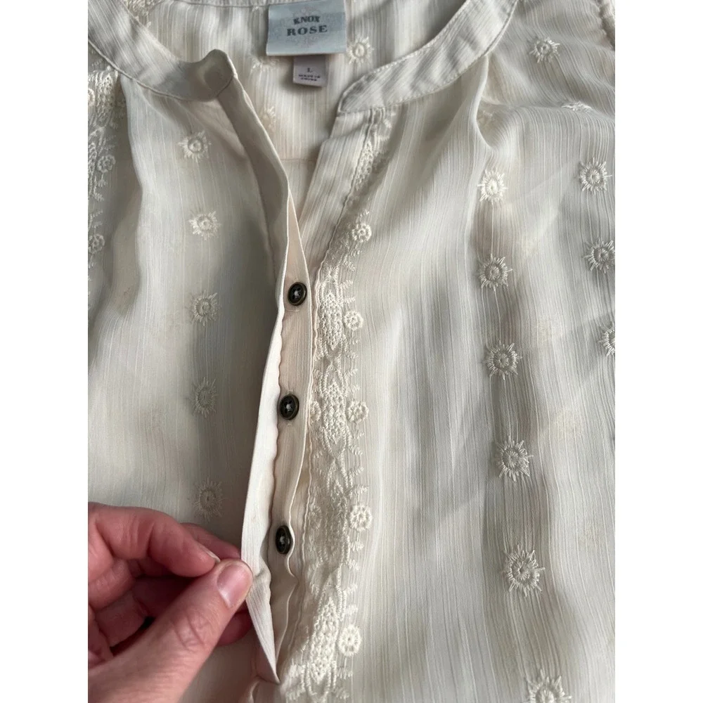 Women's Size Large Sheer Cream Embroidered Tunic Top High Low Boho Festival - Picture 5 of 10